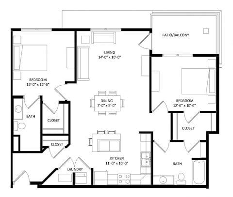 Floor plan for 2 beds, 2 baths, 1166 sqft